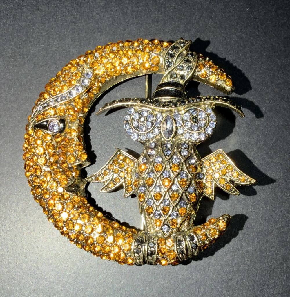 HEIDI DAUS Moonlighting Crystal Accented Owl and Moon Halloween Pin Brooch